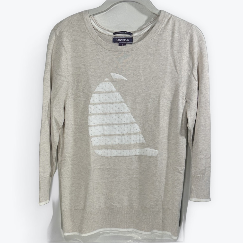 Lands' End Tan 100% Cotton 3/4 inch sleeve sailboat crewneck Sweater Size Small